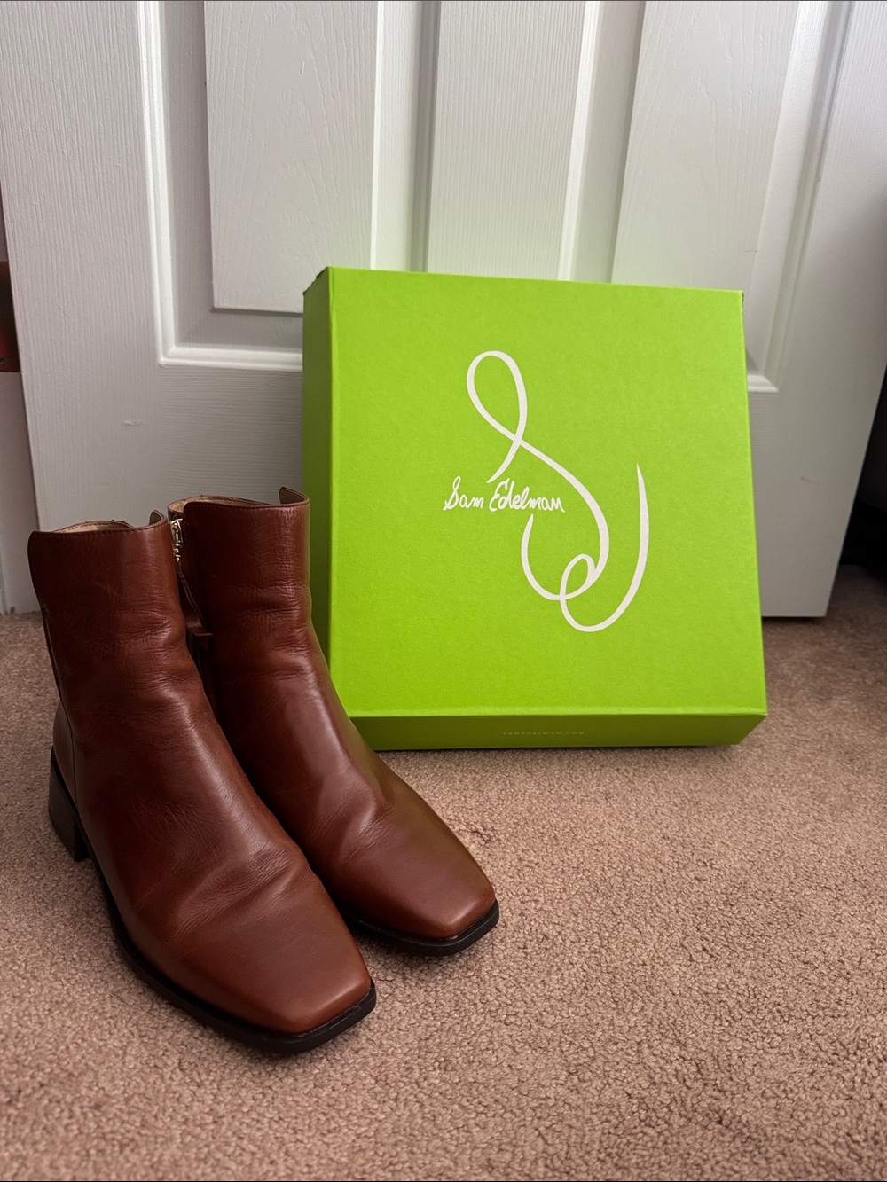 Sam Edelman Brown Leather Square-Toe Ankle Booties
